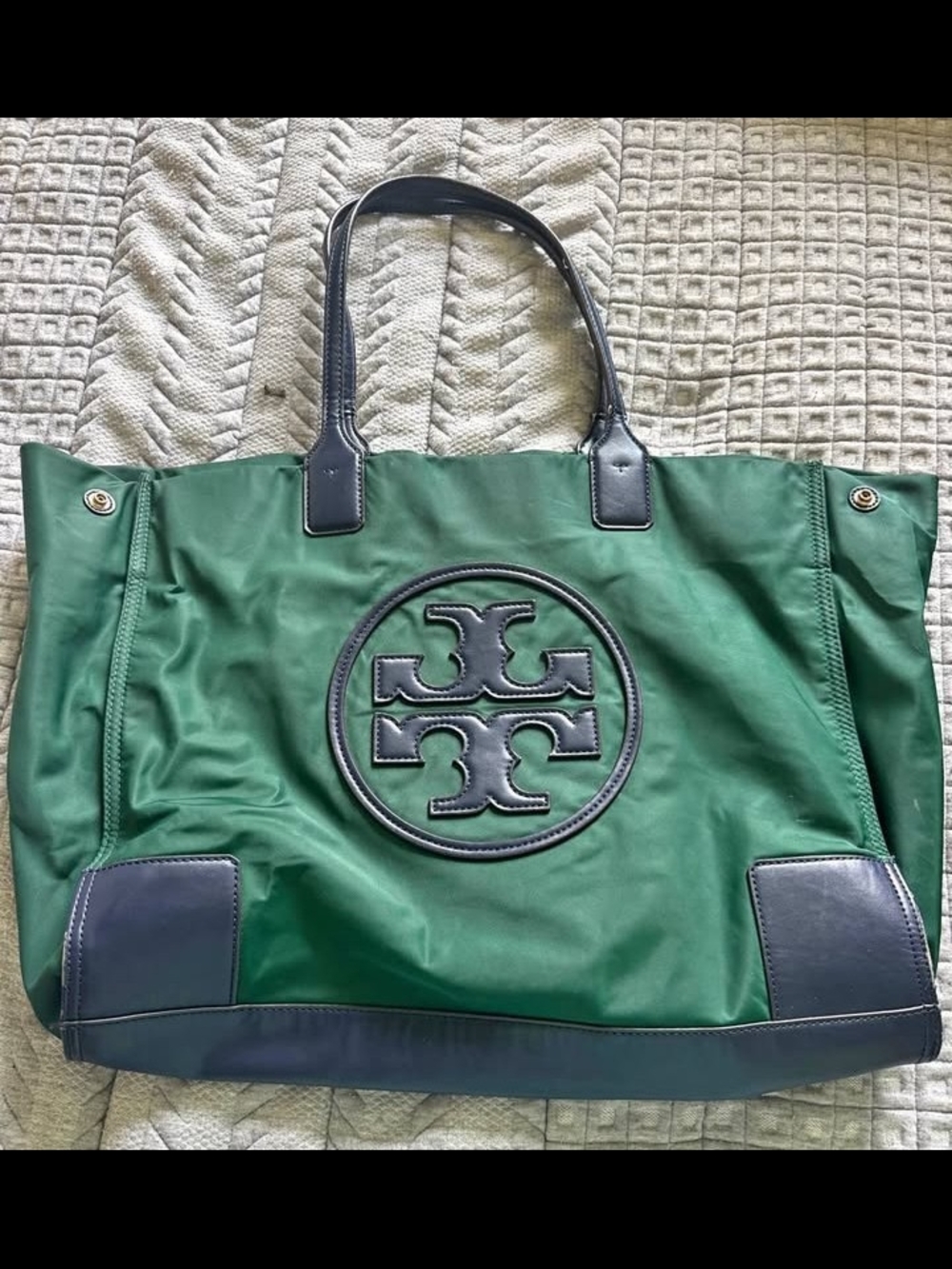 Tory Burch Green Nylon Tote with Navy Trim